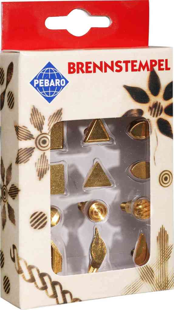 PEBARO 20300 - Brennstempel II 12-teilig Motive: Quadrat/Dreieck/Raute/Kreis/Auge/Tropfen/Blatt passend zum Pebaro-Brandkolben Brandmalerei