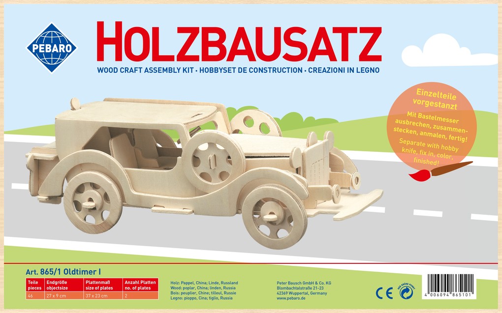 PEBARO 865/1 - Holzbausatz Oldtimer I 46 Teile Holzkonstruktion zum Zusammenstecken