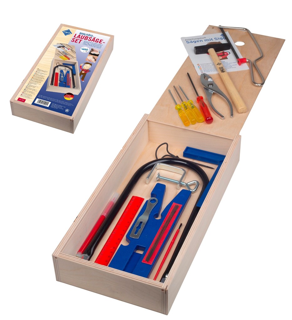 PEBARO 452 - Qualitäts-Laubsäge-Set Holzbox mit Schiebedeckel 23 Teile Werkzeugkasten