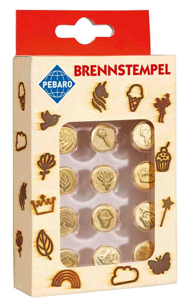 PEBARO 20700 - Brennstempel Cupcake 12-teilig Motive: Einhorn/Zauberstab/Elfe/Krone/Blume/Blatt Cupcake/Eis/Regenbogen/Wolke/Vogel/Schmetterling passend zum Pebaro-Brandkolben Brandmalerei