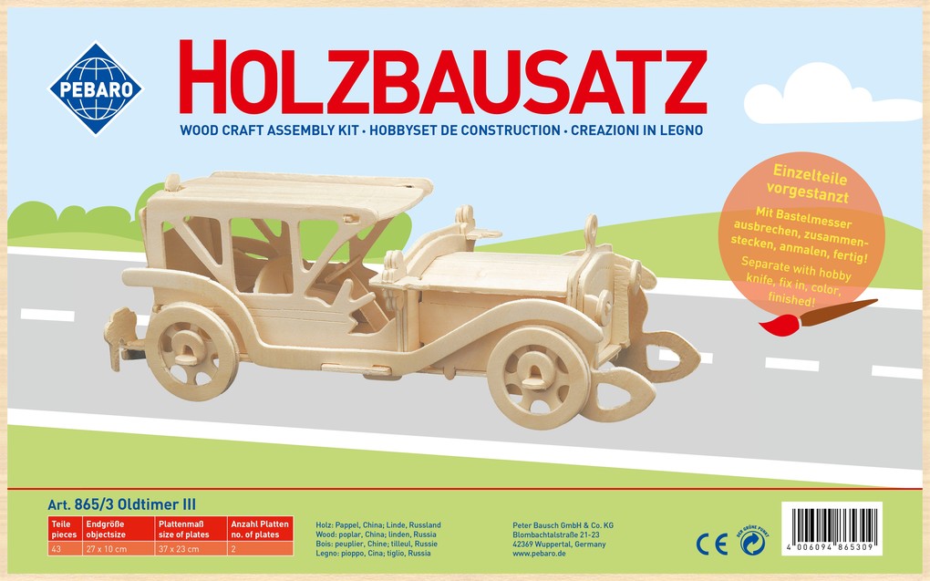 PEBARO 865/3 - Holzbausatz Oldtimer III 43 Teile Holzkonstruktion zum Zusammenstecken