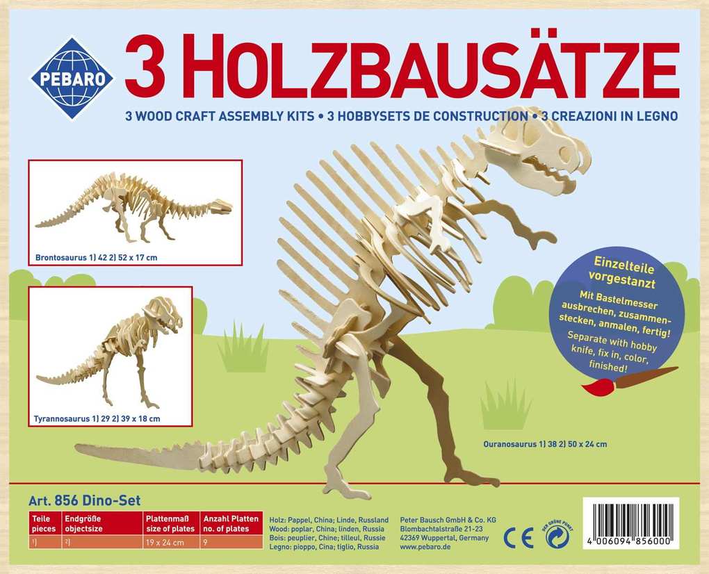 PEBARO 856 - Holzbausatz Dinosaurier-Set Brontosaurus Tyrannosaurus Ouranosaurus 3 Holzkontruktionen zum Zusammenstecken
