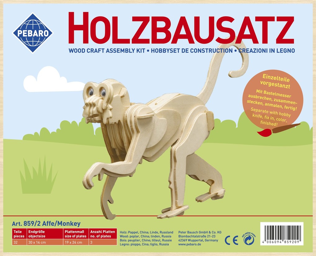 PEBARO 859/2 - Holzbausatz Affe 32 Teile Holzkonstruktion zum Zusammenstecken