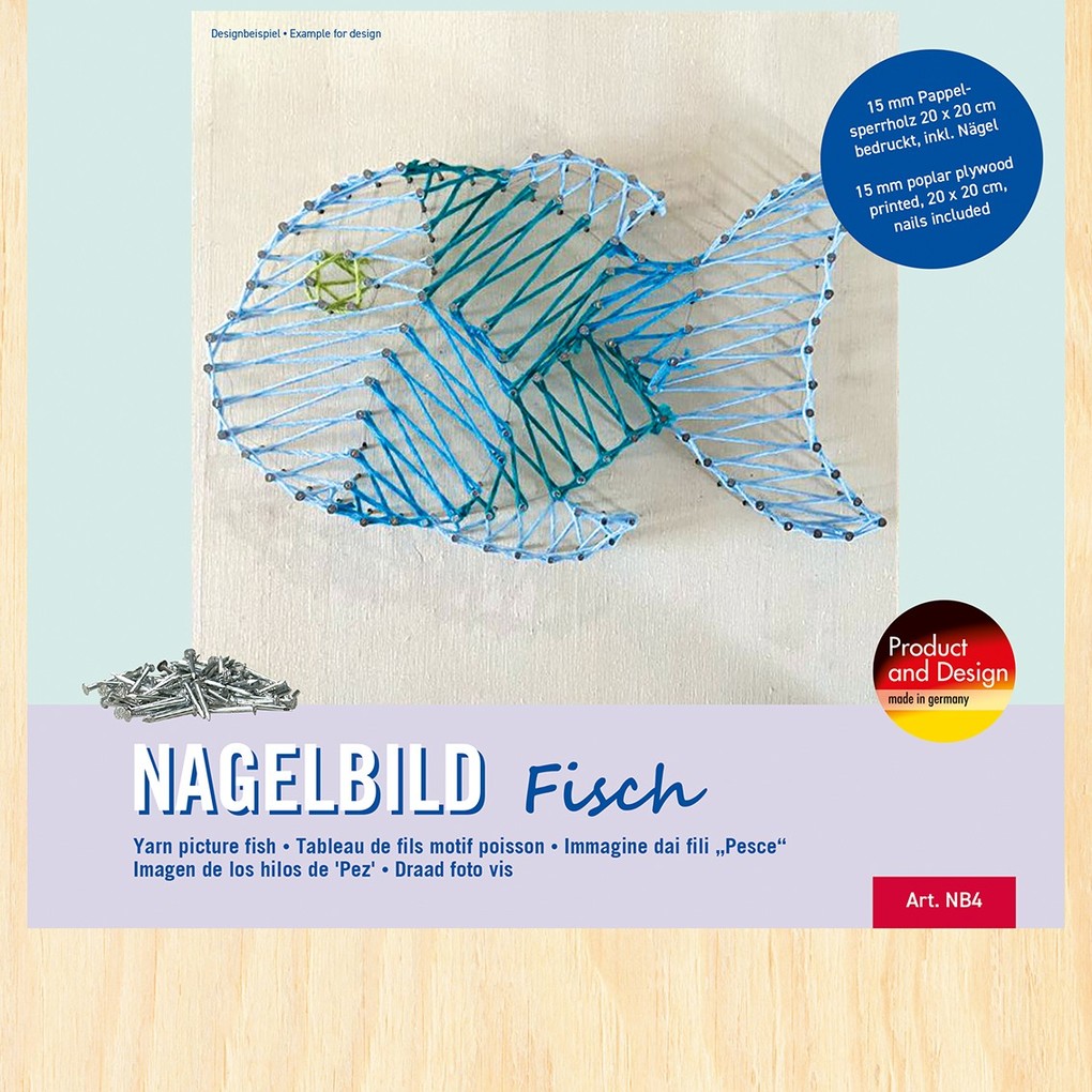 PEBARO NB4 - Nagelbild Fisch Fadenbild 20x20cm String Art Bastelset inkl. Nägel