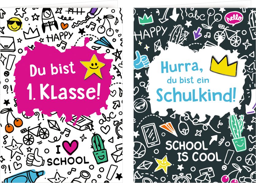 Grußkarte mit Wegbegleiter-Pin - Du bist 1. Klasse / Hurra du bist ein Schulkind!
