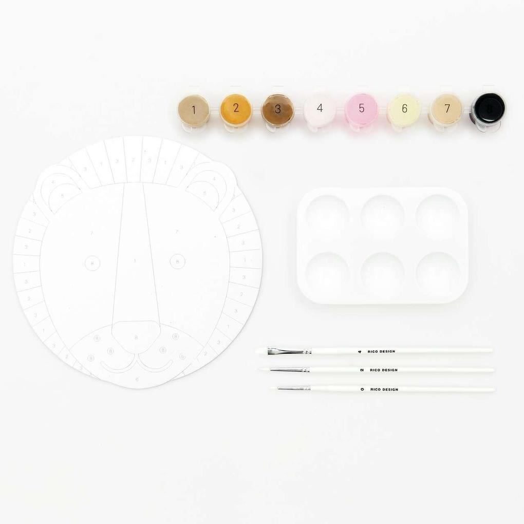 Malen nach Zahlen Set Löwe FSC 100% Inhalt: 1 Malkarton 8 Acrylfarben für ein Motiv 3 Pinsel 1 Malpalette