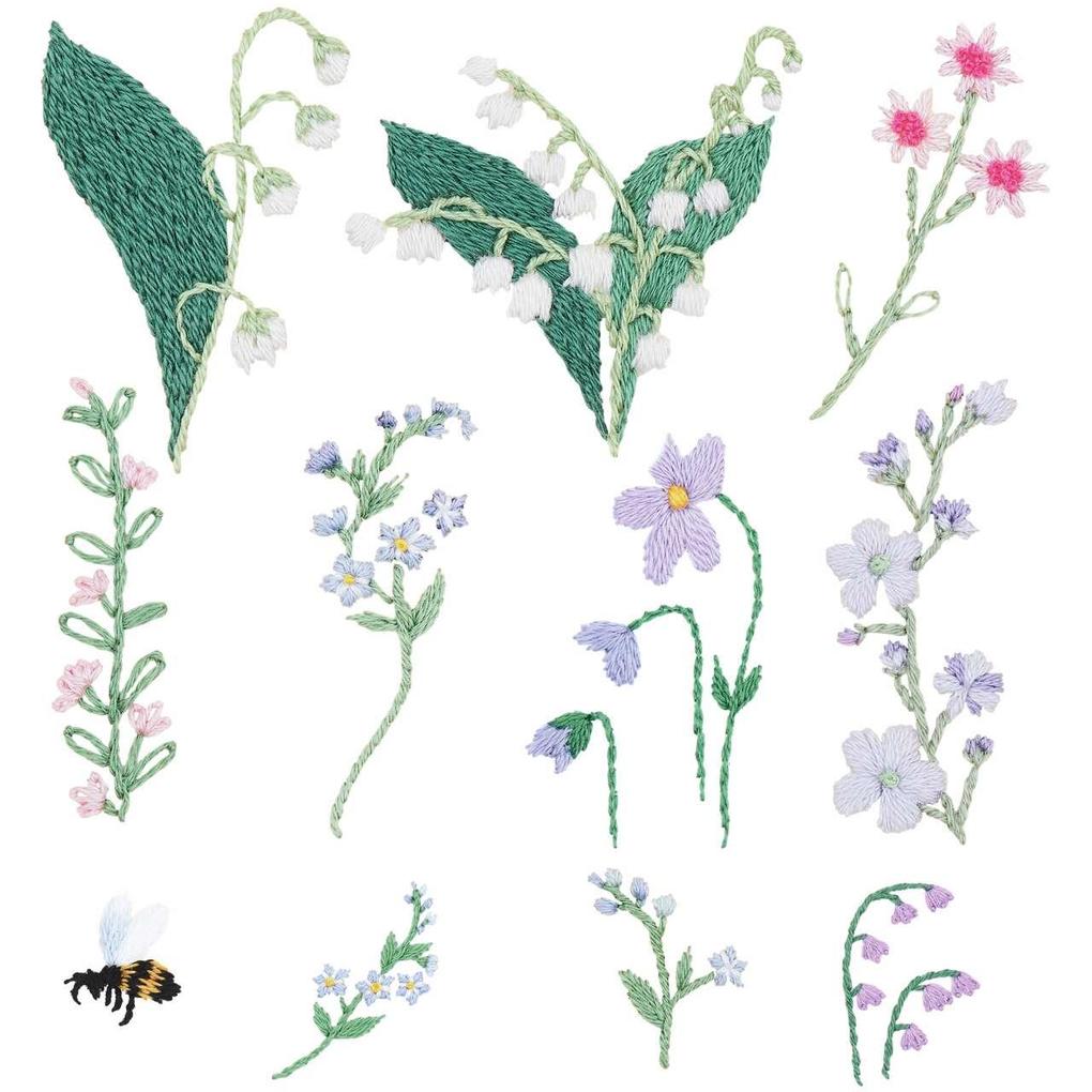 Stick & Stitch Packung Blumen bunt 21 Stk. inkl. wasserlöslicher bedruckter Stickvorlage Stickgarn Sticknadel und Anleitung