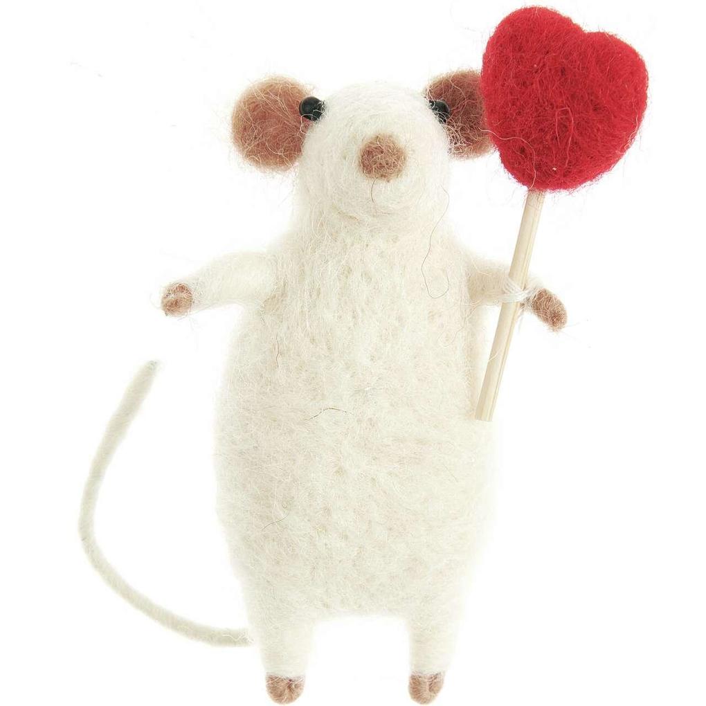 Filz-Maus mit rotem Herz Weiß 8 x 7 x 65cm