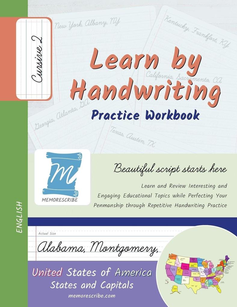Handwriting Practice Workbook - United States of America States and Capitals - Cursive Level 2