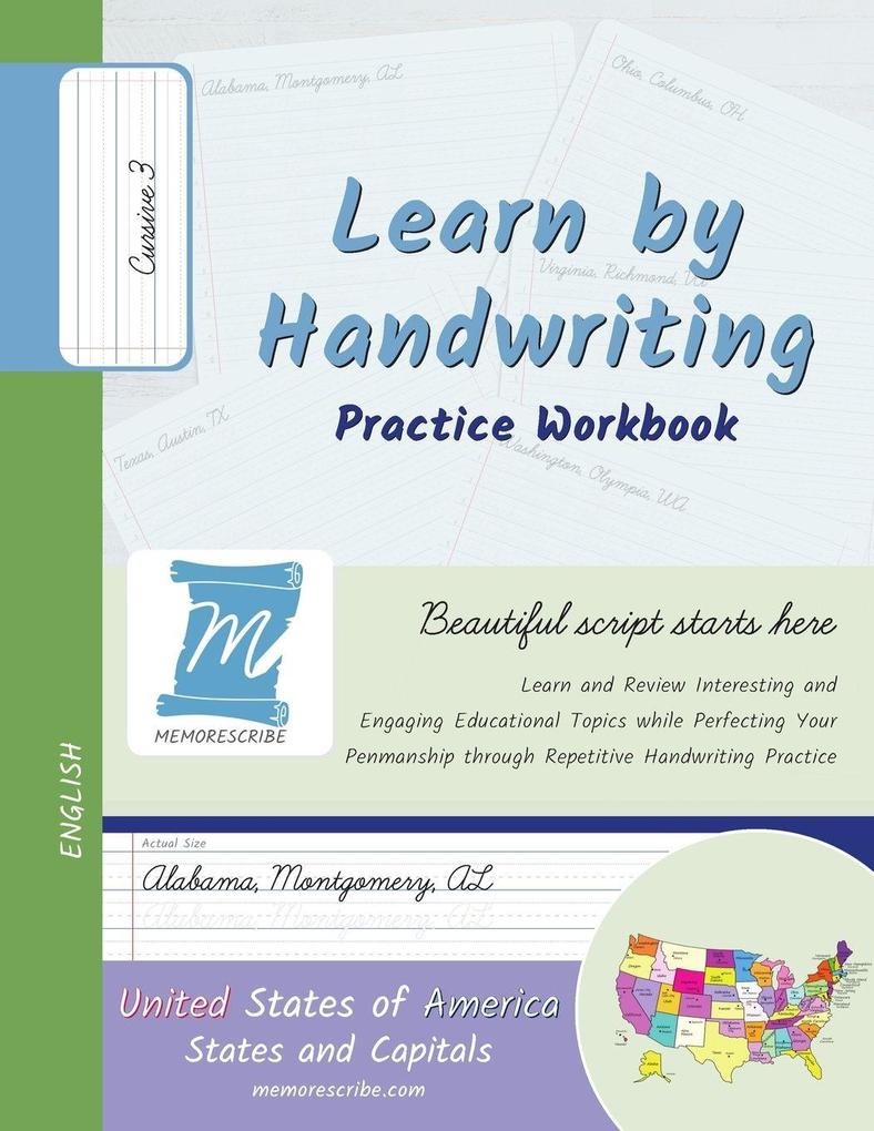 Handwriting Practice Workbook - United States of America States and Capitals - Cursive Level 3