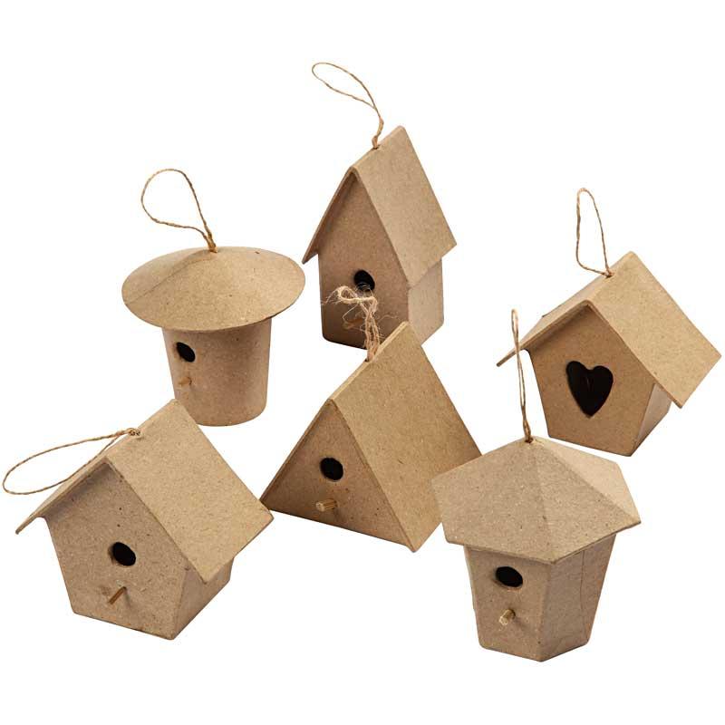 Creativ Company Mini-Vogelhäuser aus Pappmaché Höhe 7 cm 6 Stk
