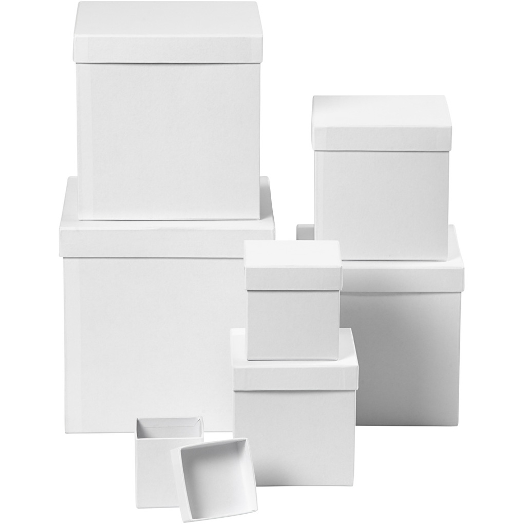 Creativ Company Deckelkartons - Sortiment Quadratische Form H 75+10+13+15+18+20+23 cm Weiß 7 Stk = 1 Set