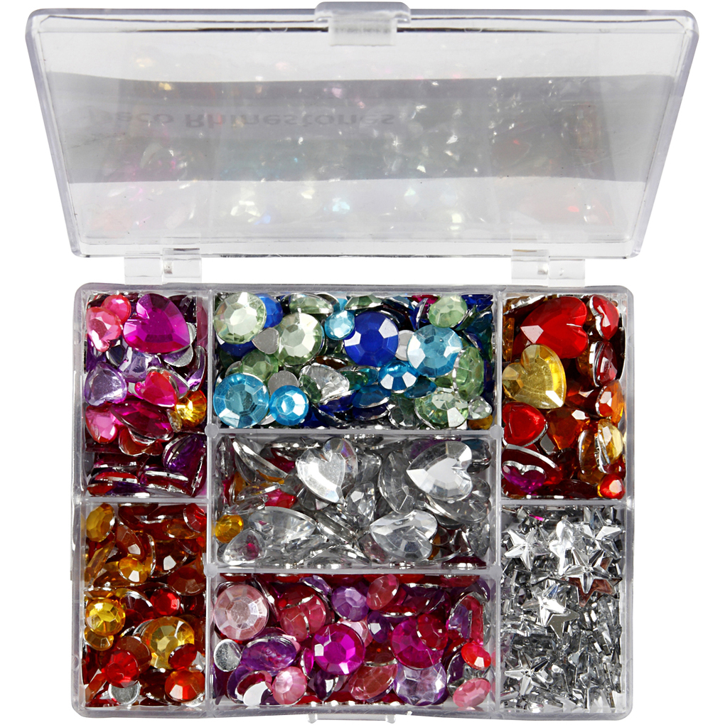 Creativ Company Mix aus Strasssteinen Taler Sterne Herzen D 6+7+9+10+11+12+14+16 mm Blau Pink Silber 300 Stk