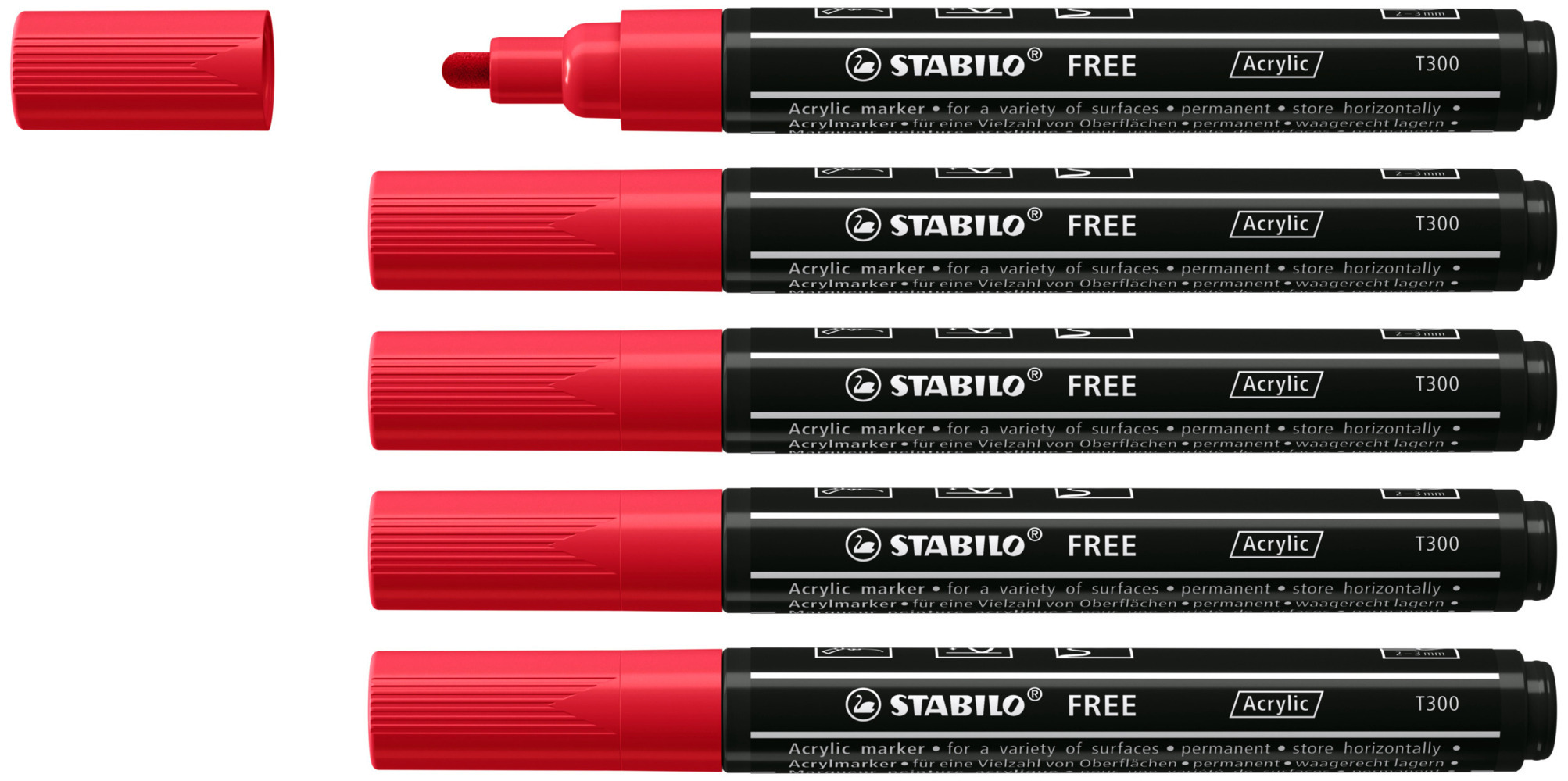 STABILO Acrylmarker FREE Acrylic T300 2-3 mm 5er Set karmin