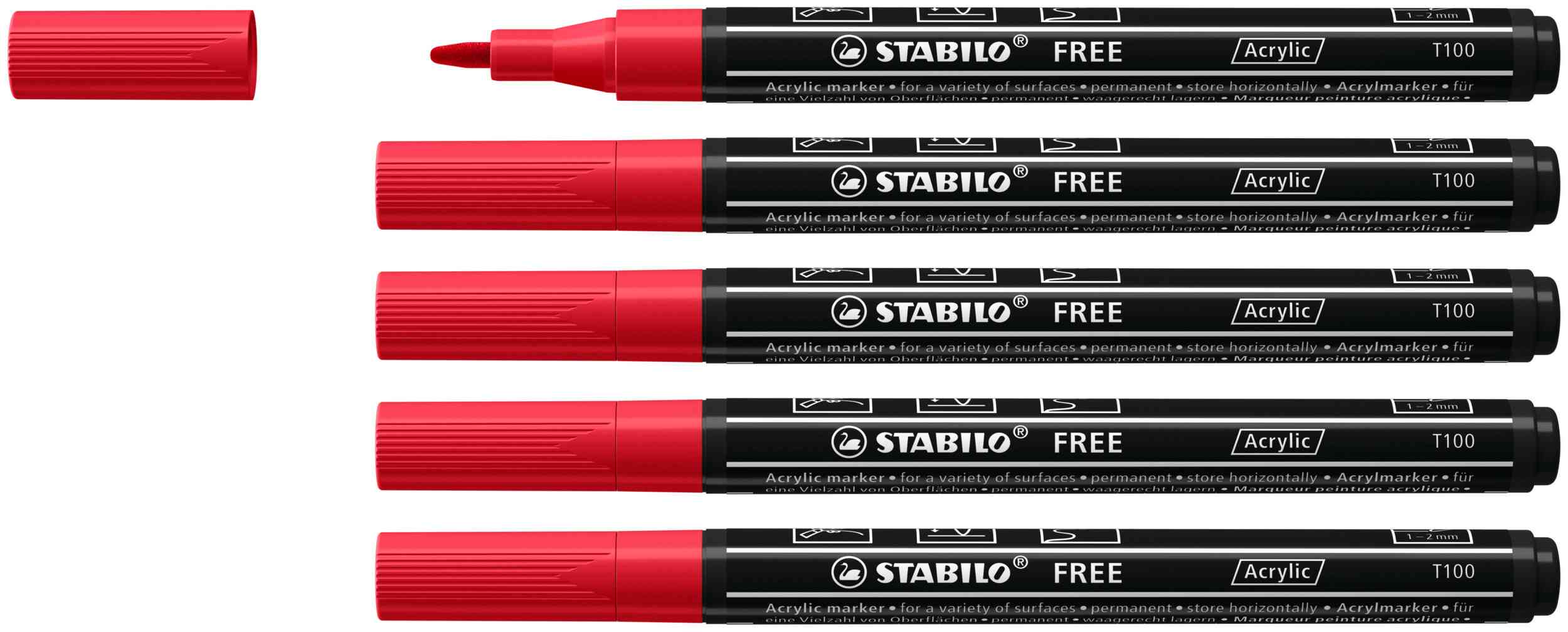 STABILO Acrylmarker FREE Acrylic T100 1-2 mm 5er Set karmin