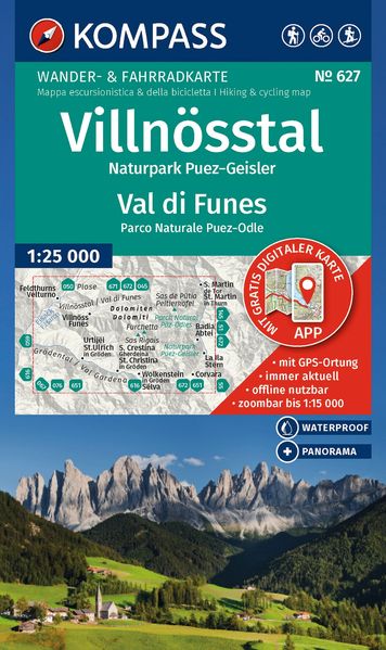 KOMPASS Wanderkarte 627 Villnösstal / Val di Funes Naturpark Puez-Geisler / Parco Naturale Puez-Odle 1:25.000