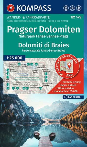 Kompass Karten GmbH Kompass Wanderkarte 145 Pragser Dolomiten Naturpark Fanes-Sennes-Prags / Dolomiti Di Braies Parco Naturale Fanes-Senes-Braies 1, 25.000