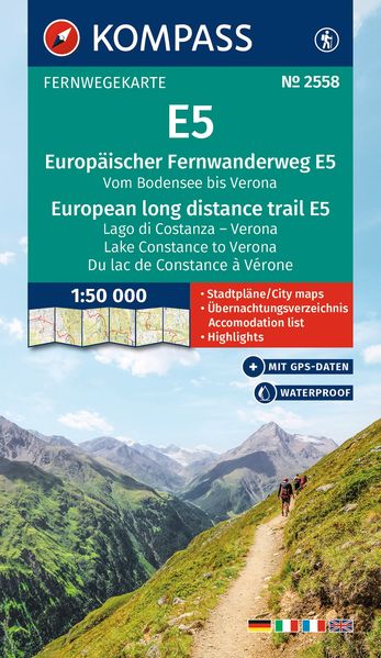 Kompass Karten GmbH Kompass Wander-Tourenkarte Europäischer Fernwanderweg E5 Alpenüberquerung Vom Bodensee Bis Verona 1, 50.000