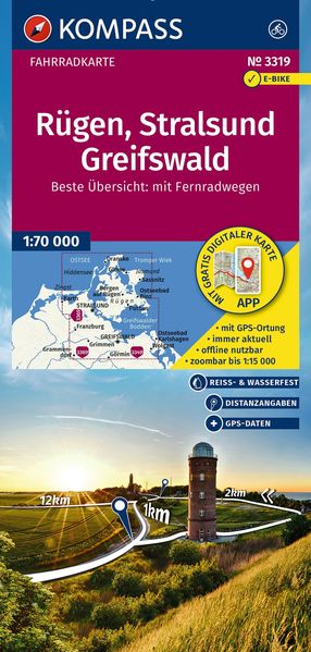 KOMPASS Fahrradkarte 3319 Rügen Stralsund Greifswald 1:70.000