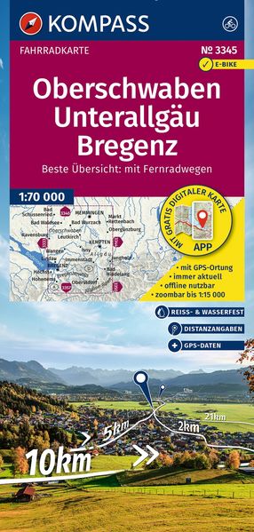 KOMPASS Fahrradkarte 3345 Oberschwaben Unterallgäu Bregenz 1:70.000