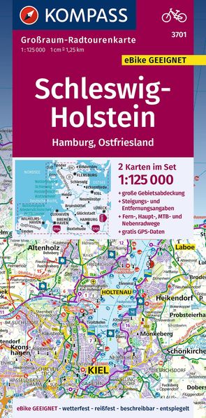 KOMPASS Großraum-Radtourenkarte 3701 Schleswig-Holstein Hamburg Ostfriesland 1:125.000