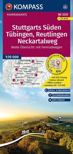 KOMPASS Fahrradkarte 3331 Stuttgarts Süden Tübingen Reutlingen Neckartalweg 1:70.000