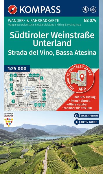 KOMPASS Wanderkarte 074 Südtiroler Weinstraße Unterland / Strada del Vino Bassa Atesina 1:25.000