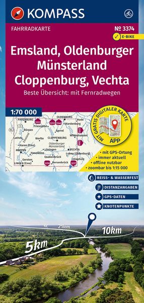 Kompass Karten GmbH Kompass Fahrradkarte 3374 Emsland Oldenburger Münsterland Cloppenburg Vechta Mit Knotenpunkten 1, 70.000