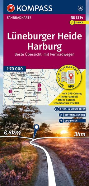 KOMPASS Fahrradkarte 3314 Lüneburger Heide Harburg 1:70.000