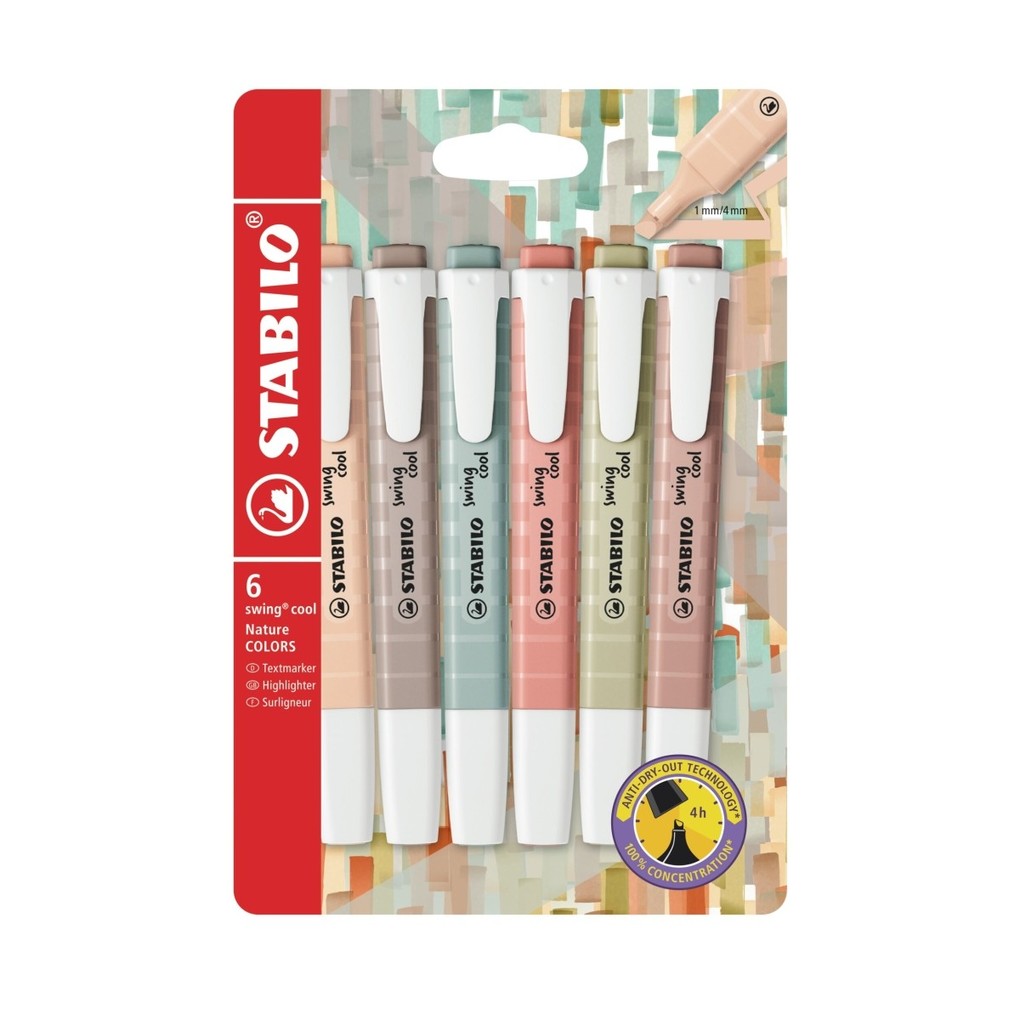 Stabilo swing cool naturecolors pack de 6 marcadores fluorescentes - cuerpo plano - punta biselada - trazo entre 1 y 4mm - tinta con base de agua - antisecado - colores surtidos