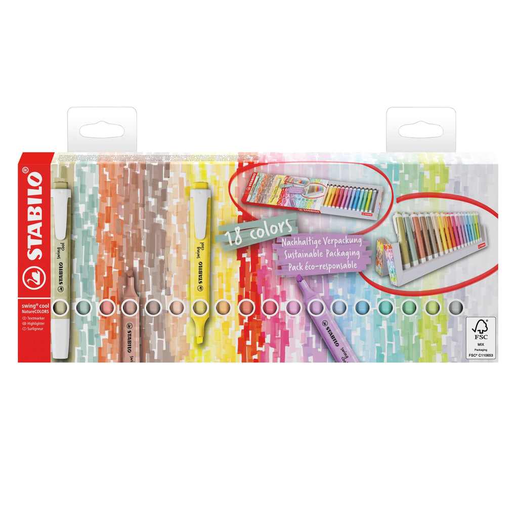 Stabilo swing cool set de mesa de 18 marcadores fluorescentes - cuerpo plano - punta biselada - trazo entre 1 y 4mm - tinta con base de agua - antisecado - colores surtidos