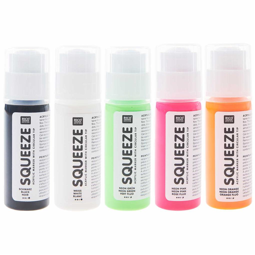Squeeze Marker 5x60ml Neon Set (Neon Orange / Neon Pink / Neon Grün / Weiß / Schwarz)