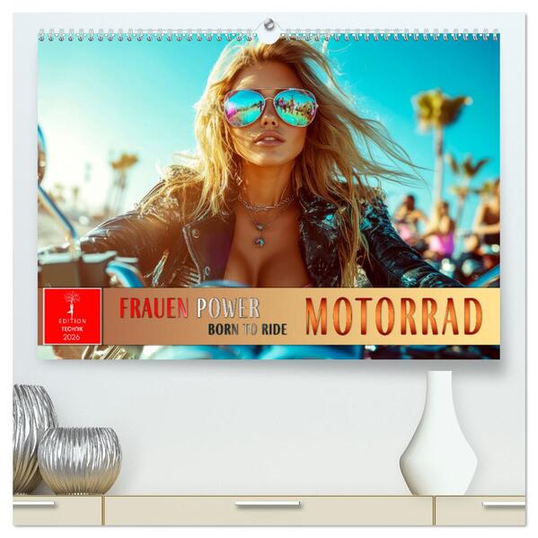 Frauen Power Motorrad (hochwertiger Premium Wandkalender 2026 DIN A2 quer) Kunstdruck in Hochglanz