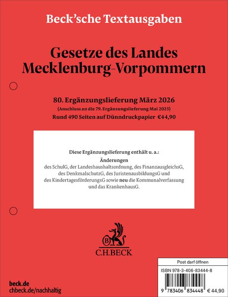 Gesetze des Landes Mecklenburg-Vorpommern 80. Ergänzungslieferung