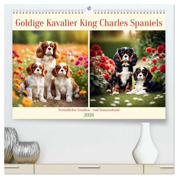 Goldige Kavalier King Charles Spaniels (hochwertiger Premium Wandkalender 2026 DIN A2 quer) Kunstdruck in Hochglanz