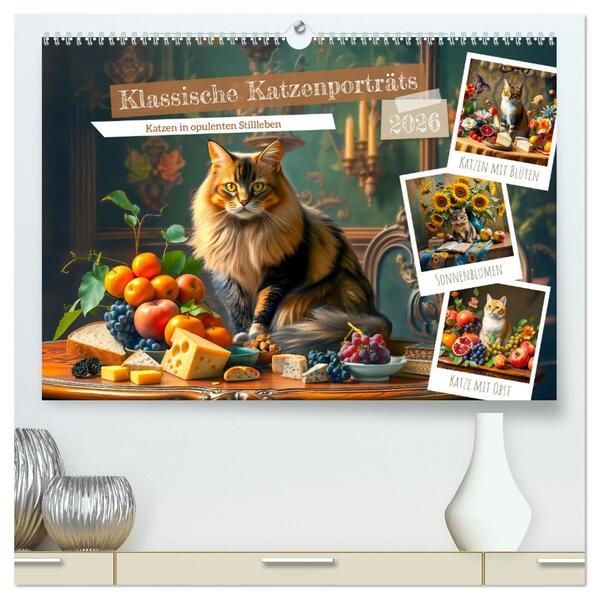 Klassische Katzenporträts - Katzen in opulenten Stillleben (hochwertiger Premium Wandkalender 2026 DIN A2 quer) Kunstdruck in Hochglanz