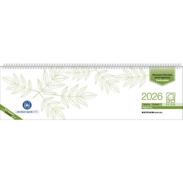 Tischquerkalender Perfo XL Recycling 2026 - 362x106 cm - 1 Woche auf 2 Seiten - Stundeneinteilung 7 - 20 Uhr - jeder Tag einzeln abtrennbar - 136-0700