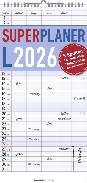 Superplaner L 2026 5 Spalten - Familien-Timer 22x45 cm - Offset-Papier - mit Ferienterminen - Wand-Planer - Familienkalender - Alpha Edition