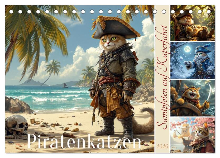 Piratenkatzen- Samtpfoten auf Kaperfahrt (Tischkalender 2026 DIN A5 quer) CALVENDO Monatskalender