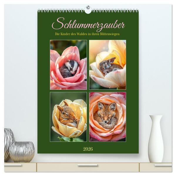 Schlummerzauber - Die Kinder des Waldes in ihren Blütenwiegen (hochwertiger Premium Wandkalender 2026 DIN A2 hoch) Kunstdruck in Hochglanz