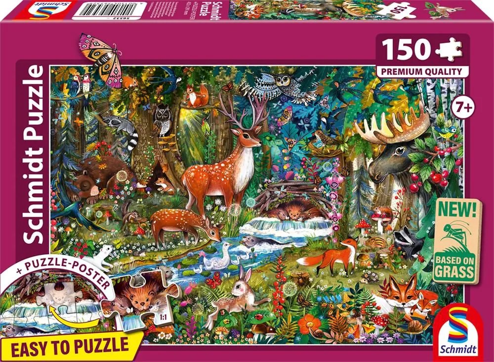 Schmidt 56532 - Tiere in den Wäldern Europas Puzzle mit Poster 150 Teile aus NATPAX® Graspappe