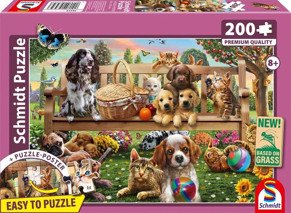 Schmidt 56534 - Gartenpicknick für Hund und Katze Puzzle mit Poster 200 Teile aus NATPAX® Graspappe