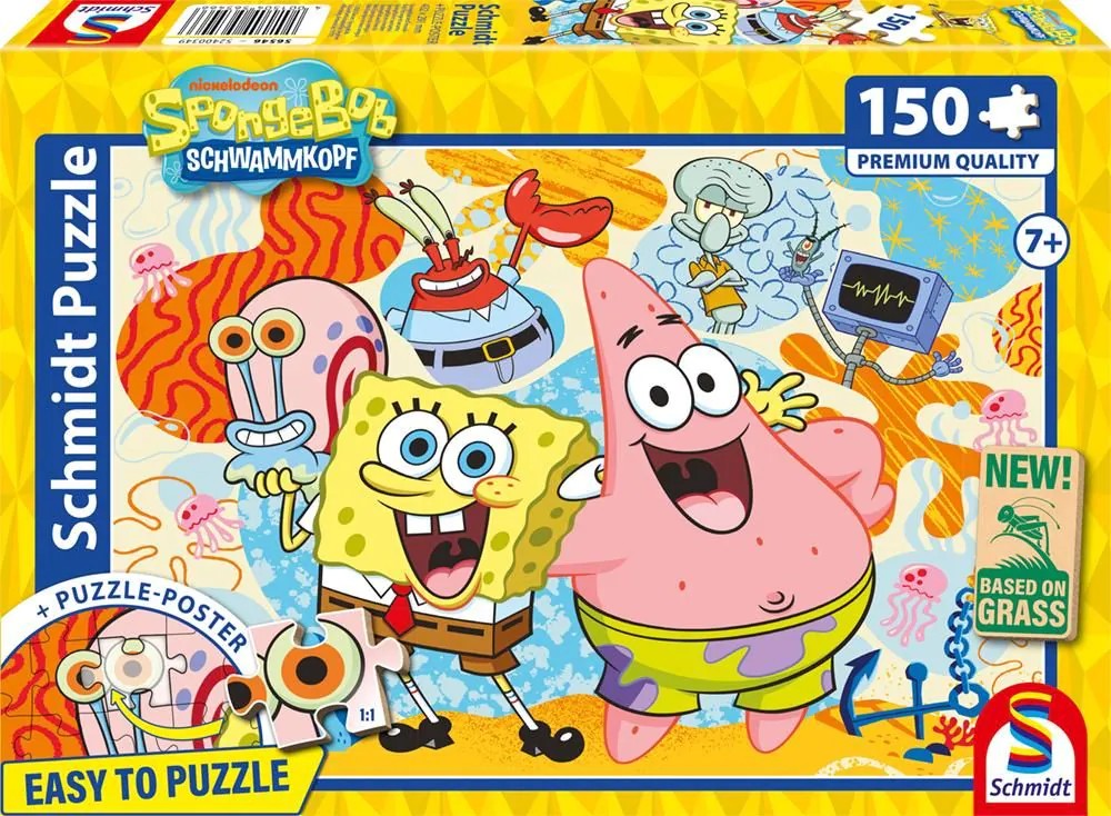 Schmidt 56546 - SpongeBob Schwammkopf Spongebob und Freunde Puzzle mit Poster 150 Teile aus NATPAX® Graspappe
