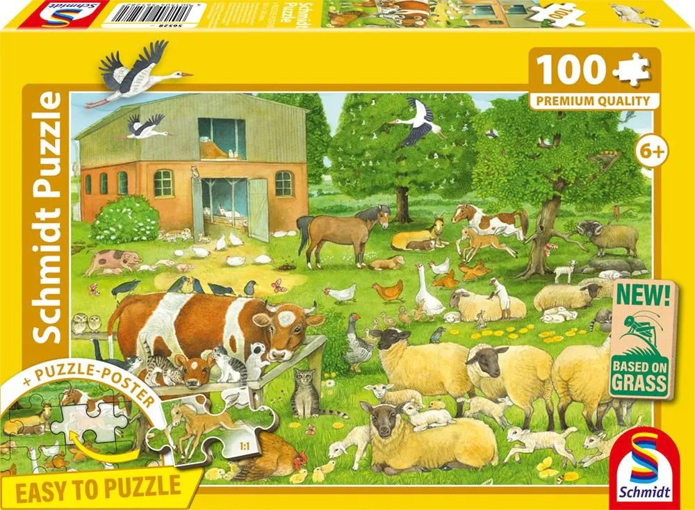 Schmidt 56528 - Tierfamilien auf dem Bauernhof Kinderpuzzle mit Poster 100 Teile aus NATPAX® Graspappe