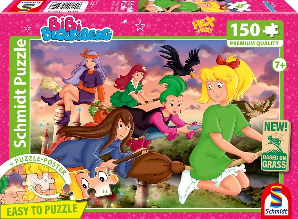 Schmidt 56542 - Bibi Blocksberg Hexenrennen Puzzle mit Poster 150 Teile aus NATPAX® Graspappe