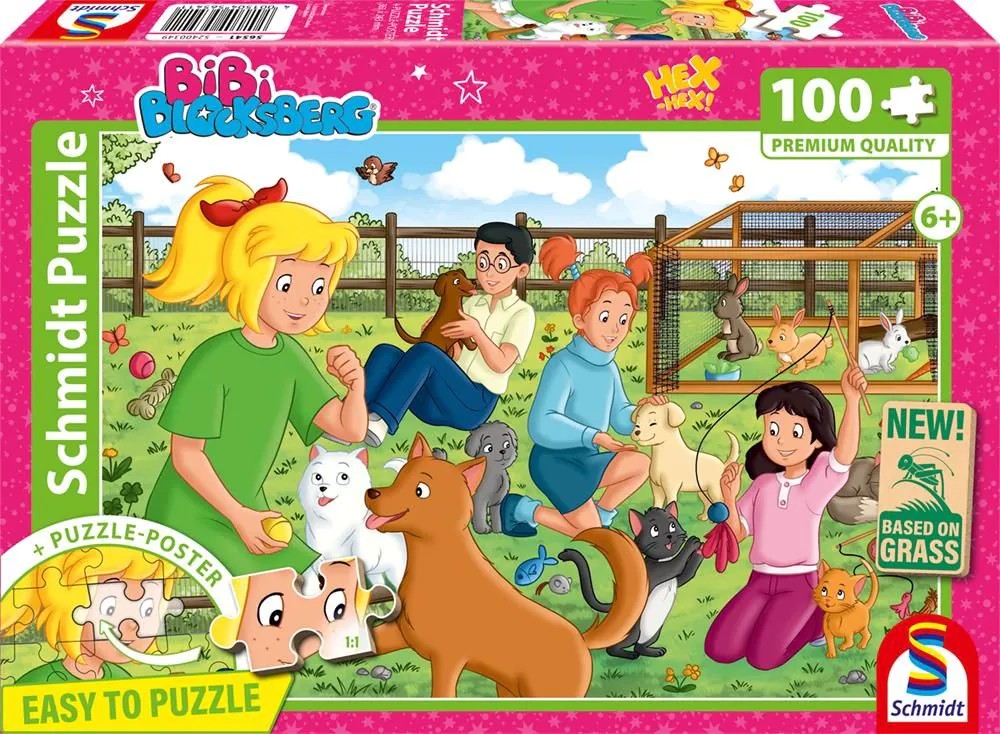 Schmidt 56541 - Bibi Blocksberg Tierpension Puzzle mit Poster 100 Teile aus NATPAX® Graspappe