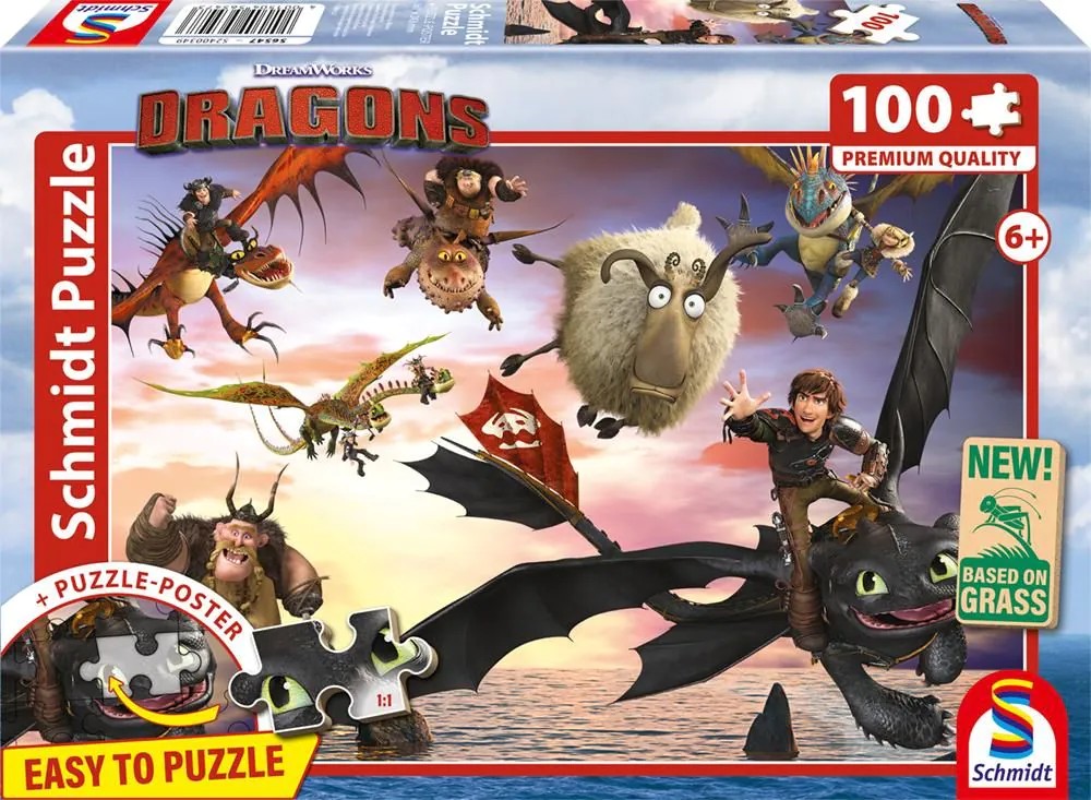 Schmidt 56547 - DRAGONS Drachenreiter in Aktion Puzzle mit Poster 100 Teile aus NATPAX® Graspappe