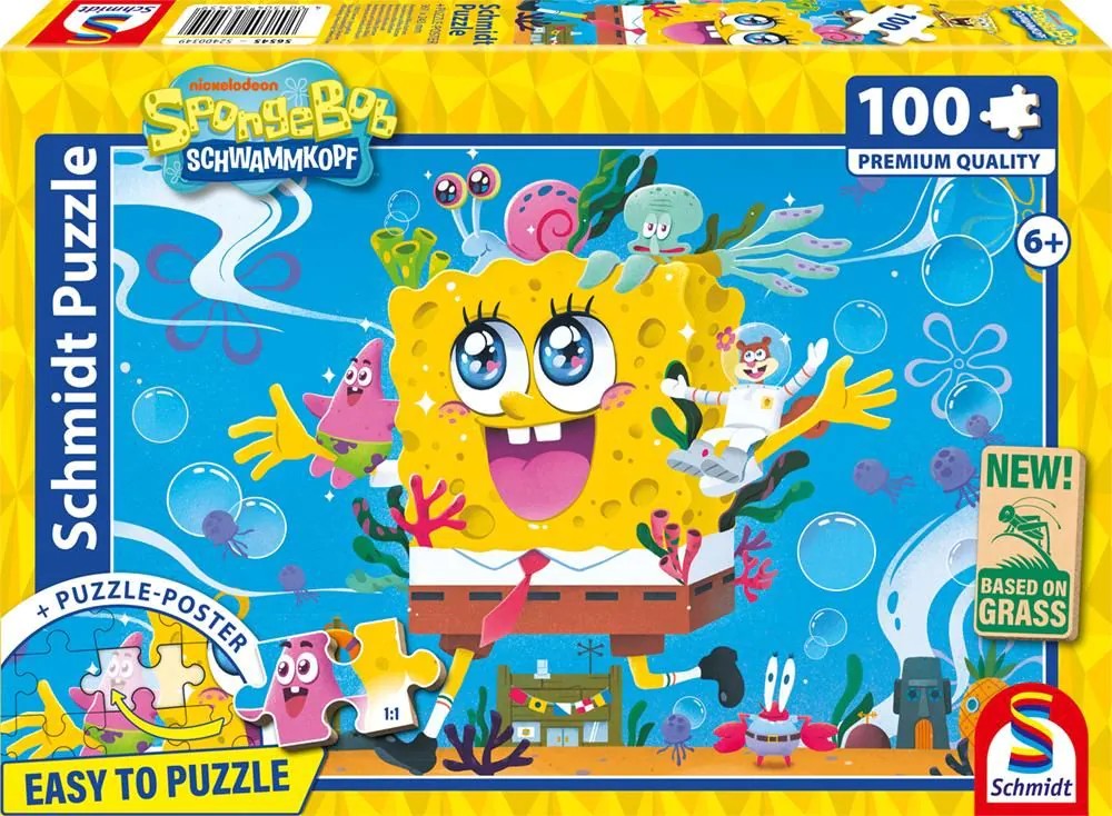 Schmidt 56545 - SpongeBob Schwammkopf Abenteuer in Bikinibottom Puzzle mit Poster 100 Teile aus NATPAX® Graspappe