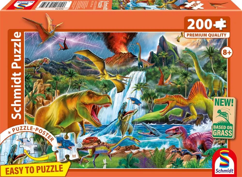 Schmidt 56535 - Faszinierende Urzeitriesen Dinosaurier-Puzzle mit Poster 200 Teile aus NATPAX® Graspappe