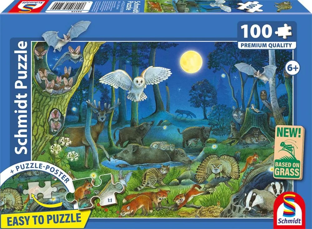 Schmidt 56529 - Tiere nachts im Wald Kinderpuzzle mit Poster 100 Teile aus NATPAX® Graspappe
